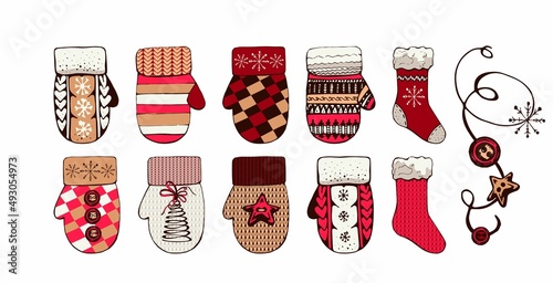 set of Christmas socks, mittens set of Christmas socks, mittens, knitted, buttons, ribbons, decoration, winter decor