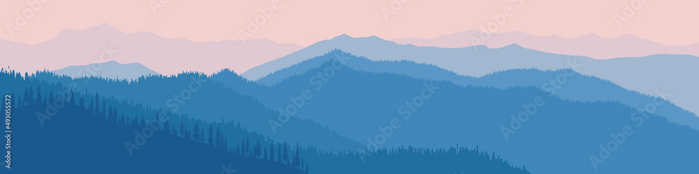 Fototapeta premium Vector illustration of mountains, ridge in the morning haze, panoramic view