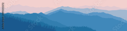 Vector illustration of mountains, ridge in the morning haze, panoramic view