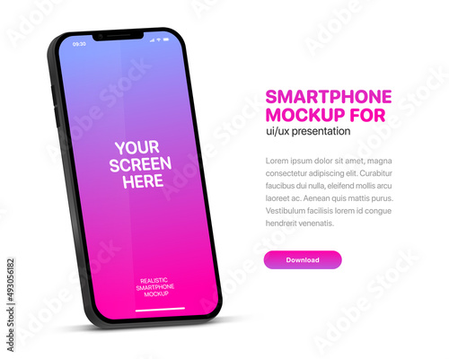 3d high quality vector smartphone mockups. Ultra realistic mobile device UI UX mockup for presentation template. 3d isometric phone with different angles views. Cellphone frame with  fillable field.