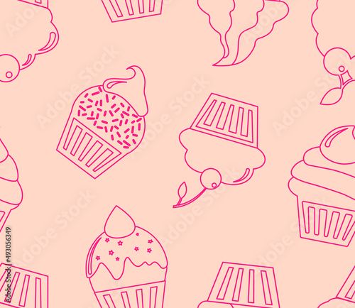 Vector seamless pattern with cupcakes. Background with outline cupcakes. Pink cute cupcake print.