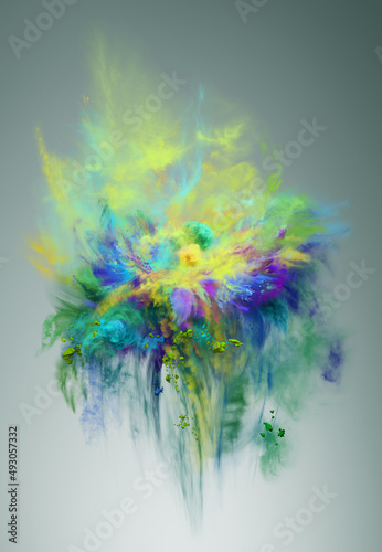 Yellow, blue, purple and green powder explosion