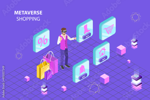 3D Isometric Flat Vector Conceptual Illustration of Metaverse Shopping, Virtual Reality Technology