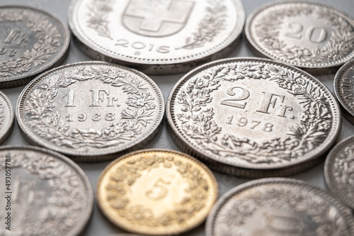 Swiss franc coins on white surface. Value of the Swiss Franc and exchange rate trend. 