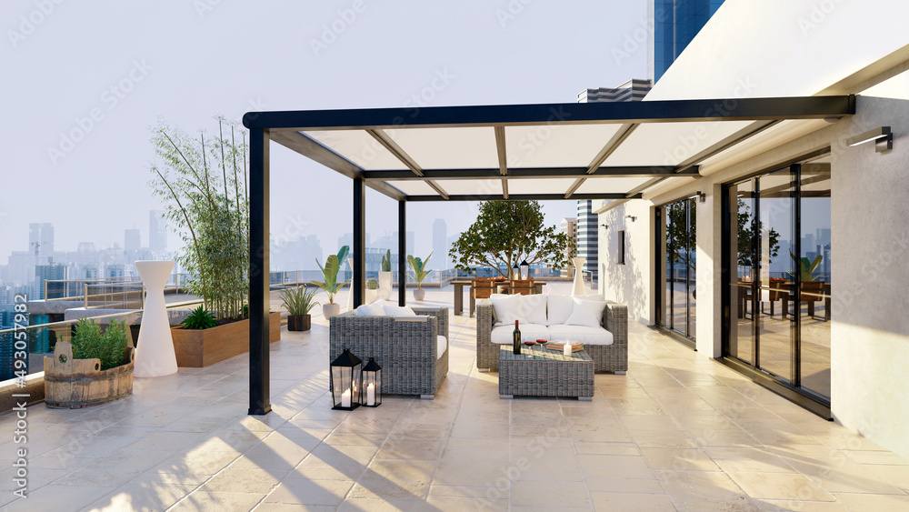 3D illustration of luxury top floor apartment terrace with pergola - obrazy, fototapety, plakaty 