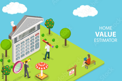 3D Isometric Flat Vector Conceptual Illustration of Home Value Estimator, House and Property Investment