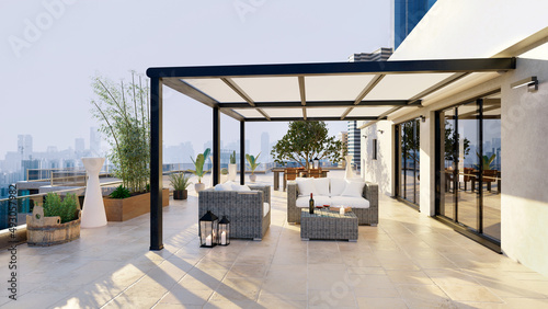 Foto 3D illustration of luxury top floor apartment terrace with pergola