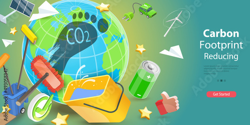 3D Vector Conceptual Illustration of Carbon Footprint Reducing, Global Warming and Environmental Recovery