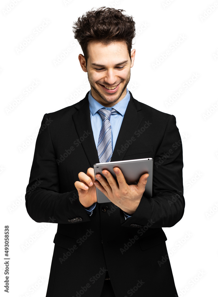 Young businessman using a digital tablet isolated on white Young businessman using a digital tablet isolated on white
