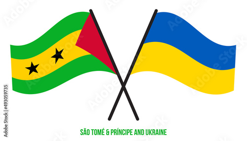 Sao Tome and Ukraine Flags Crossed And Waving Flat Style. Official Proportion. Correct Colors.