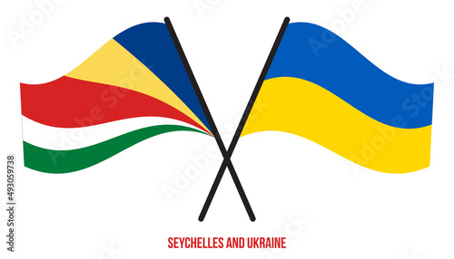Seychelles and Ukraine Flags Crossed And Waving Flat Style. Official Proportion. Correct Colors.
