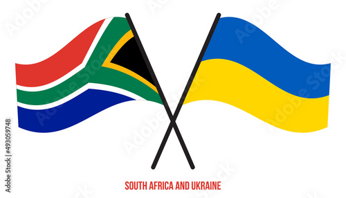 South Africa and Ukraine Flags Crossed And Waving Flat Style. Official Proportion. Correct Colors.