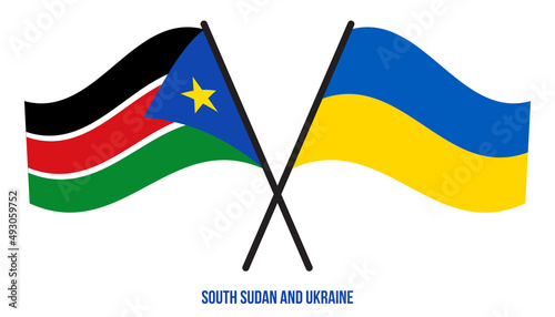 South Sudan and Ukraine Flags Crossed And Waving Flat Style. Official Proportion. Correct Colors.