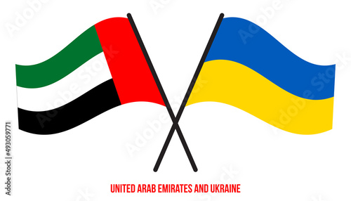 United Arab Emirates and Ukraine Flags Crossed And Waving Flat Style. Official Proportion.