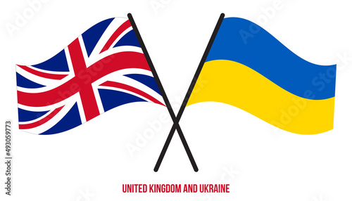 United Kingdom and Ukraine Flags Crossed And Waving Flat Style. Official Proportion. Correct Colors.