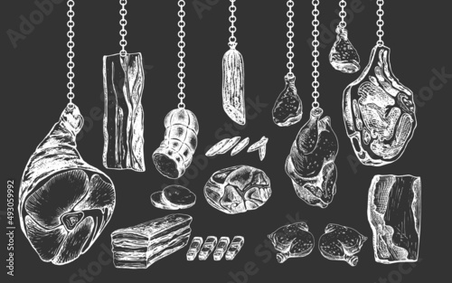 set of different types of meat, black set of different types of meat, a graphic image of pork, chicken, turkey, beef, tenderloin, neck, ham isolated elements of meat business, sausage, meat products, 