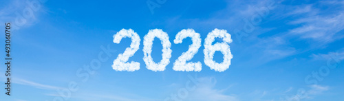 Year 2026 word made of clouds on blue sky background