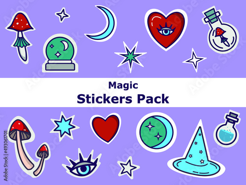 Magic and boho style colorful cartoon stickers set. Magic ball, witch hat, mushroom, potion bottle, moon and sun doodle arts. Halloween cartoon patches with white outline pack