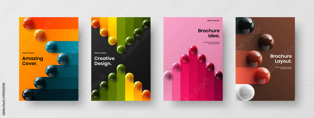 Multicolored realistic spheres book cover layout set. Colorful company brochure vector design concept collection.