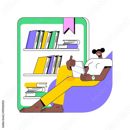 E-library abstract concept vector illustration. Digital learning, online database, content store, web search, ebook reader, internet education, bookshelf on screen, web archive abstract metaphor.