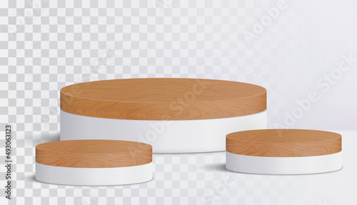 Wood round podium on transparent background for cosmetic product presentation. 3d geometric pedestal vector. 
