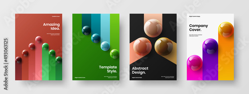 Bright annual report A4 design vector layout set. Modern realistic spheres company brochure concept collection.