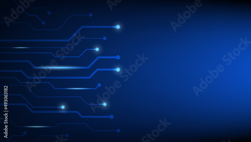 Hi-tech digital circuit board. AI pad and electrical lines connected on blue lighting background with copy space. futuristic technology design element concept
