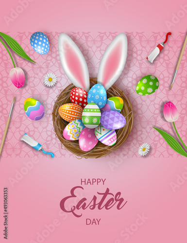 Happy easter poster with decorated eggs in the nest, brushes, tempera tubes and flowers