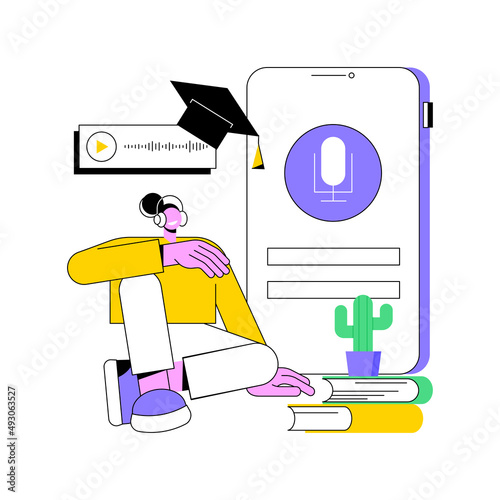 Listen to podcasts abstract concept vector illustration. Spare time in covid-2019 quarantine. Audio programmes, educational podcasts, radio show binge-listening, interview abstract metaphor.