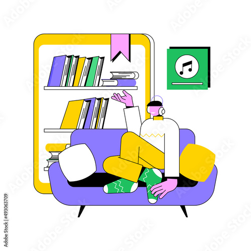Listen to audiobooks abstract concept vector illustration. Audiobooks online application, spare time while self-isolating, website subscription, ebook purchase, e-library abstract metaphor.