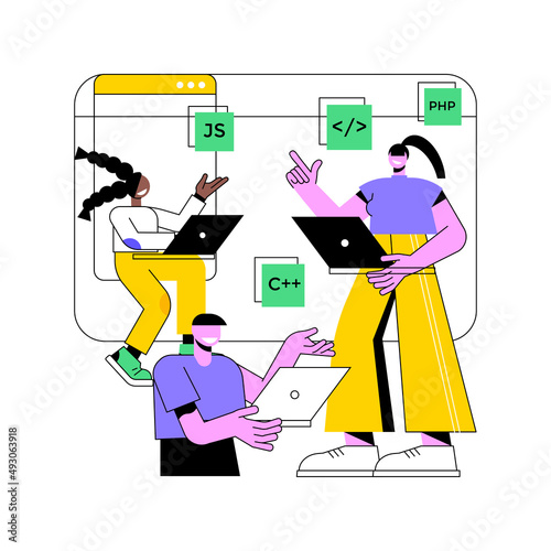 Computer programming camp abstract concept vector illustration. Computer science camp, cyber education course, technology education, engineering and robotics, testing software abstract metaphor.