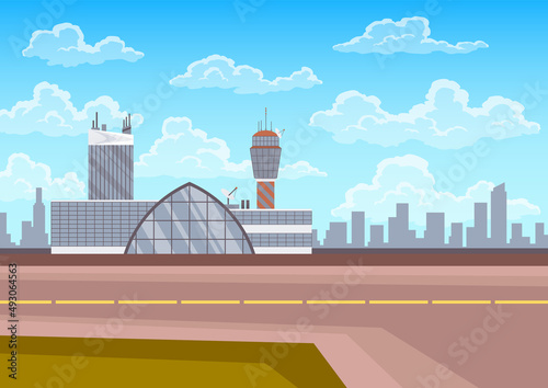 Airport terminal building, control tower, runway and city landscape on background. Infrastructure for travel and tourism concept, passenger air transportation
