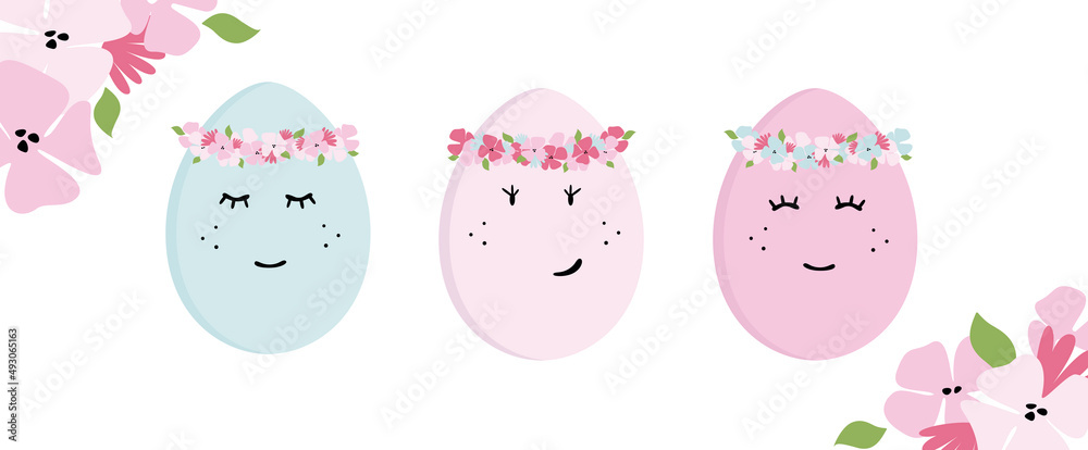 Colorful Easter eggs. Easter eggs with flower wreaths. Tender spring colors. Illustration for the concept of the Easter holiday.