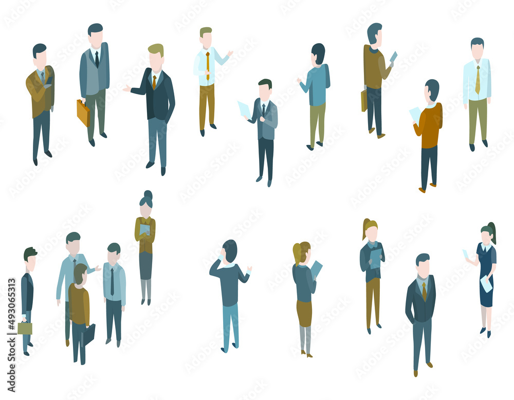 Business isometric people in formal suit, discuss or talking. Conversation in cartoon style. Group of human dressed in strict suit. Team standing together