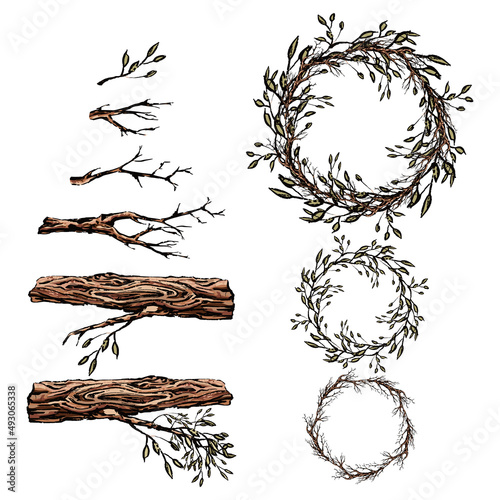 set of dry tree branches, branch with leaves, bare tree set of dry tree branches, branch with leaves, bare tree, detailed image of dry firewood, wreath of castings, from dry branches, vector drawing b