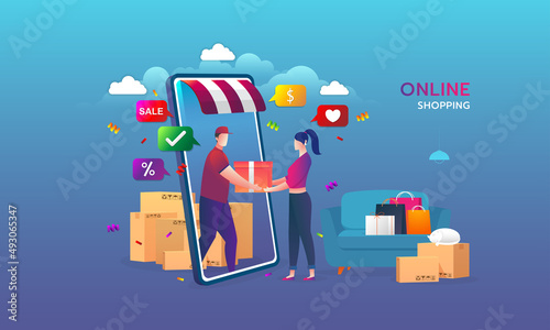Online shopping on website E-commerce or mobile phone applications vector concepts and digital marketing. The woman is shopping on mobile phone and the man is delivering.
