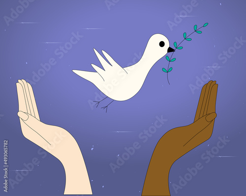 Two different human hands protect the dove of peace Vector illustration for Earth Day and World Environment Day