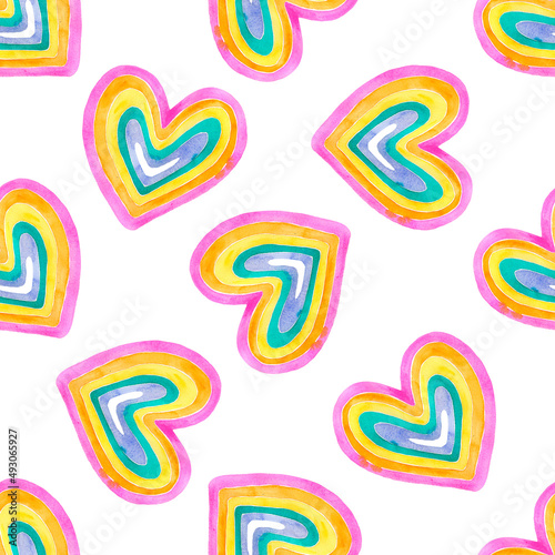 Watercolor hearts, seamless pattern. Colourful abstract print. Peace and love.