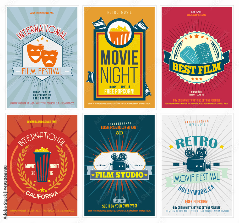 Obraz premium Cinema posters in retro style. Vintage movie flyers set. Perfect for ad, banner, print and more.