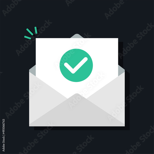Check mark document in mail envelope. Approved document. Vector illustration
