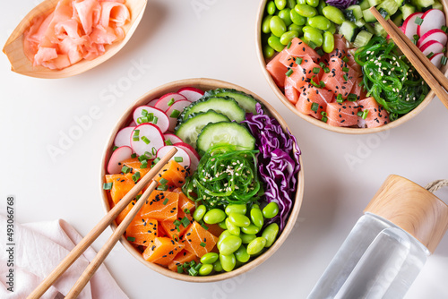 Vegan Poke bowl with Plant based seafood, salmon, tuna photo