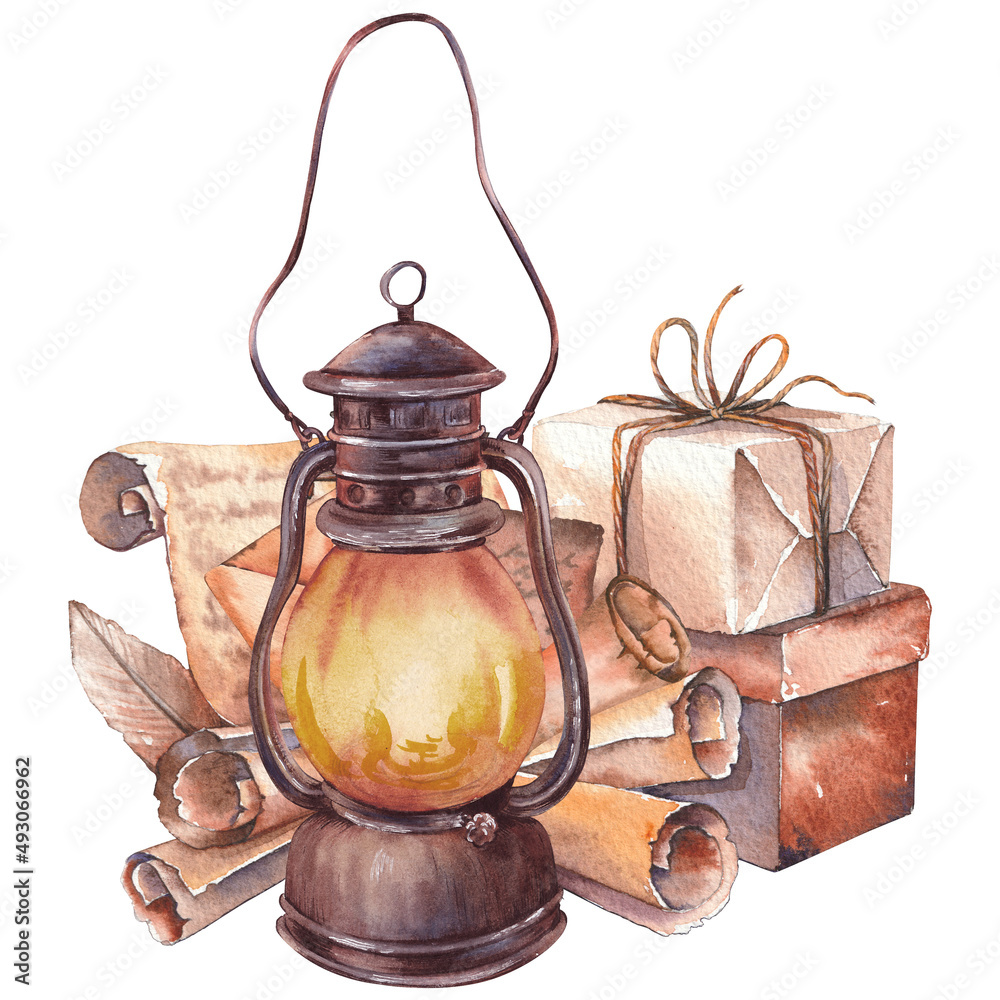 Vintage oil lamp, parchment paper scrolls. Watercolor illustration isolated on white background.