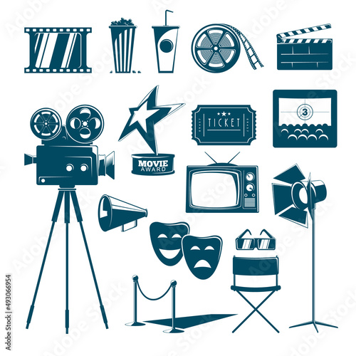 Collection of cinema icons in retro style. Cinematography black pictograms  with film  projector and other cinema design elements. 