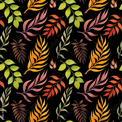 Seamless pattern with colorful decorative leaves. Watercolor illustration on black background.