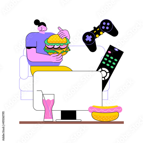 Passive lifestyle abstract concept vector illustration. Sedentary time spending, inactive lifestyle, eating junk food, watching soap operas, spend lazy day, passive income abstract metaphor.