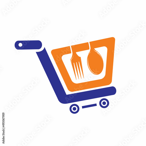 Food shop vector logo design. Shopping cart with fork and spoon icon design. 