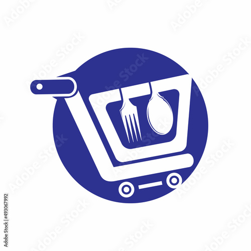 Food shop vector logo design. Shopping cart with fork and spoon icon design. 