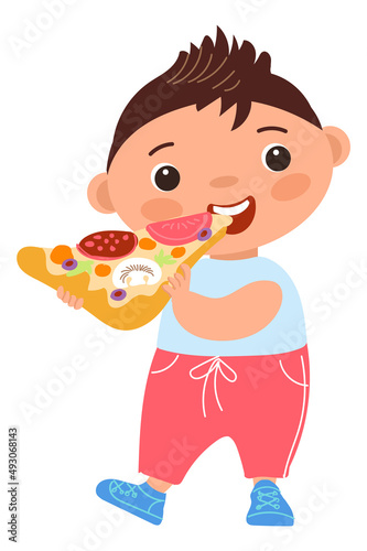 Kid biting pizza slice. Tasty fast food