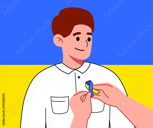 I stand with Ukraine Illustration. Protest organizer distributing Ukrainian blue and yellow ribbons to people protesting against war in Ukraine. support for Ukraine