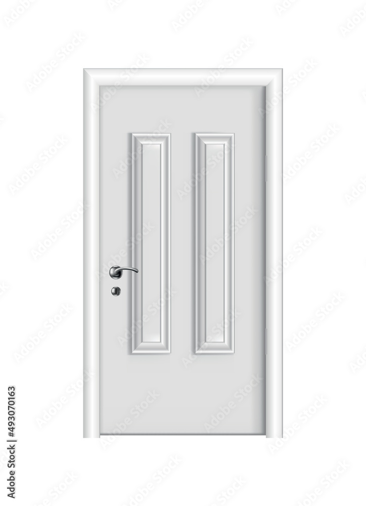 Closed white entrance. Realistic door with frame isolated on white background. Clean design white door template. Decorative house element Closed white entrance. Realistic door with frame isolated on white background. Clean design white door template. Decorative house element